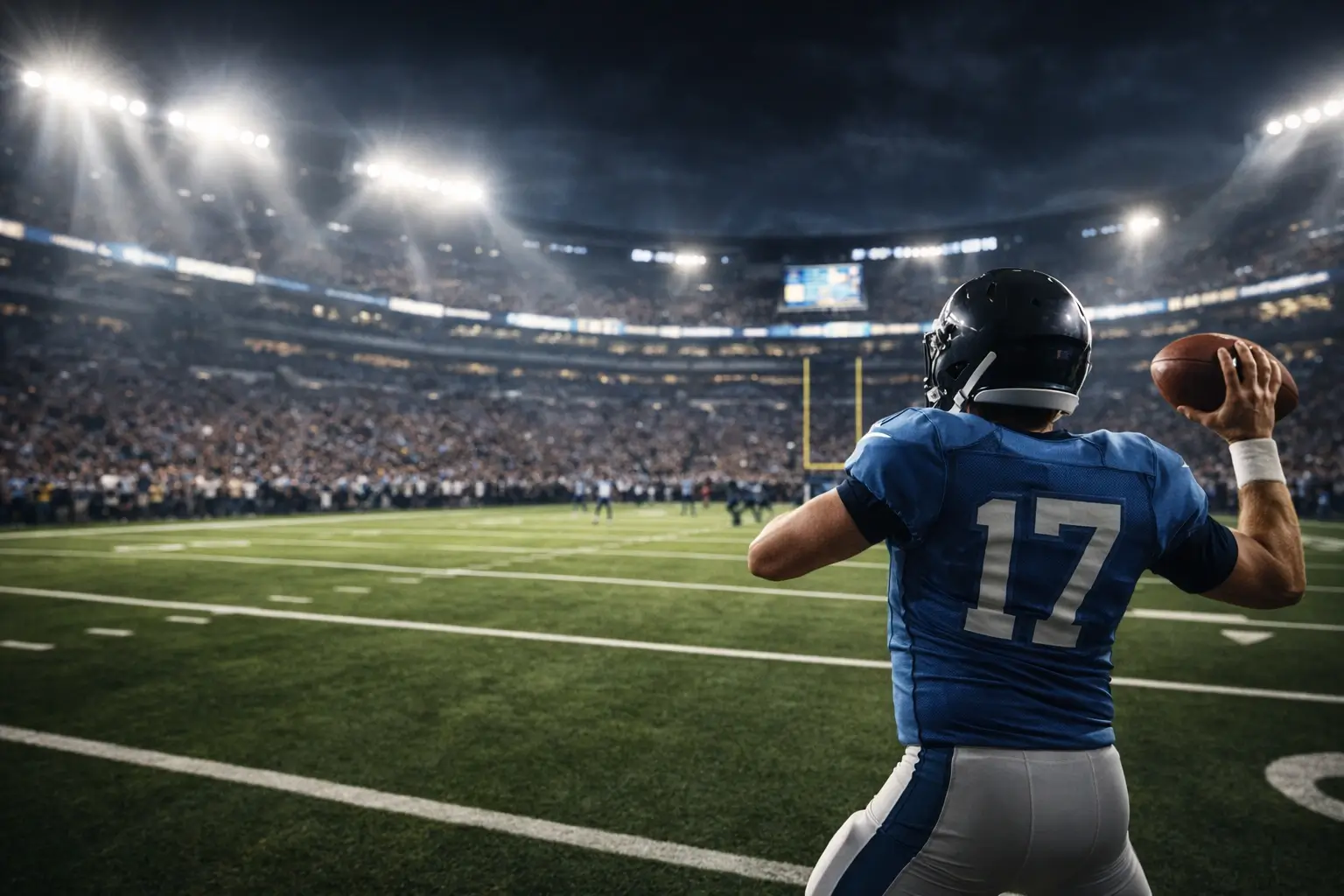 Estádio de futebol americano da NFL iluminado à noite com quarterback em ação e bancadas lotadas de adeptos