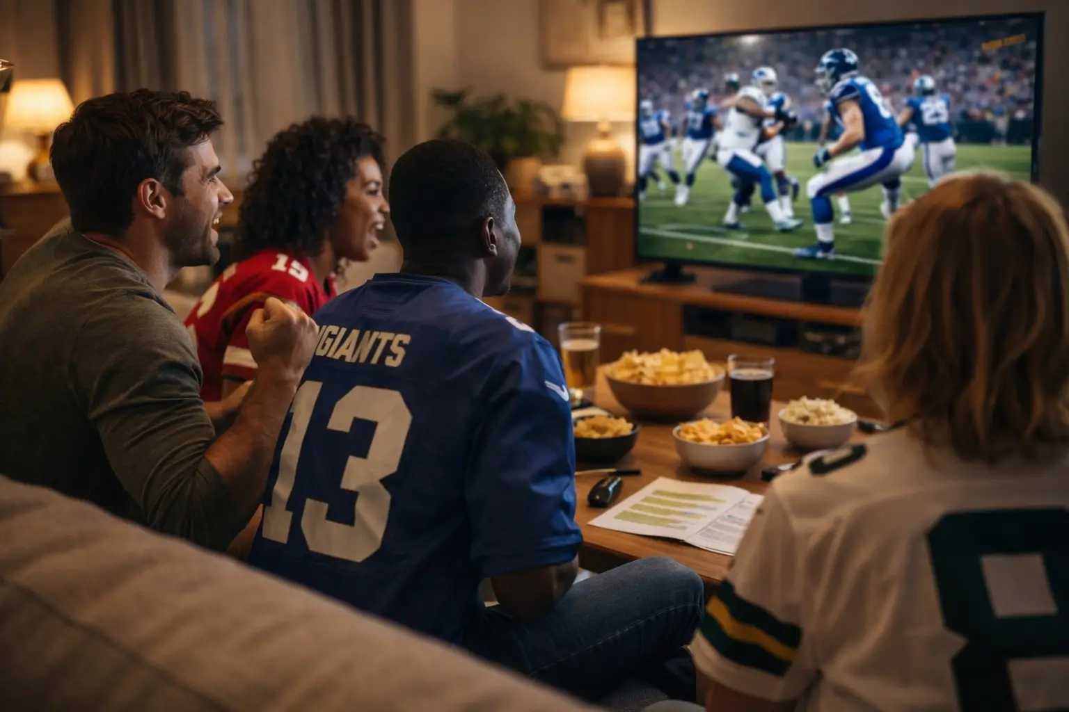 Grupo de amigos a assistir jogo da NFL na televisão em ambiente descontraído e responsável