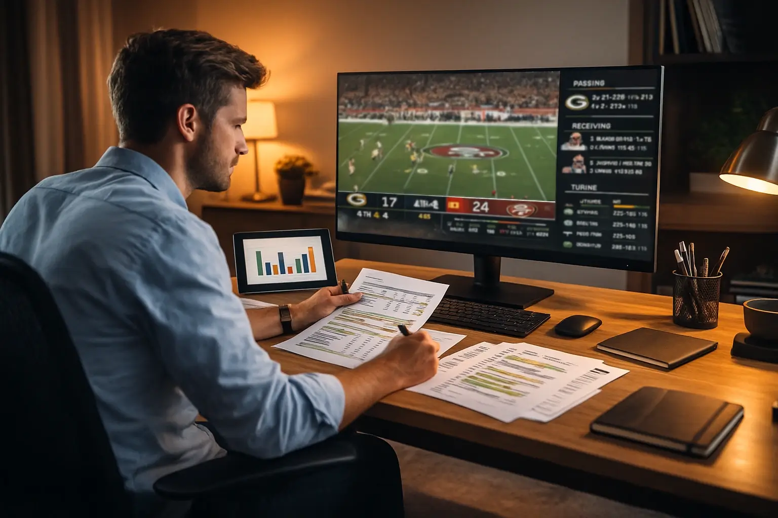 Analista desportivo a estudar estatísticas e dados de equipas NFL num escritório moderno com monitor e relatórios