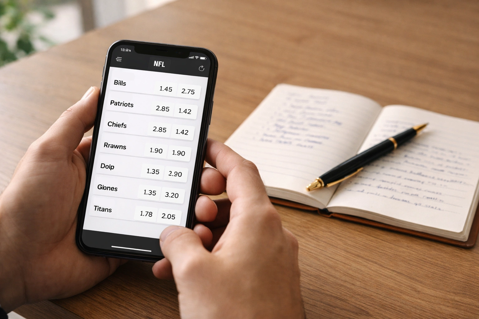 Mãos a segurar smartphone com aplicação de apostas NFL mostrando odds e jogos, ao lado de caderno de notas