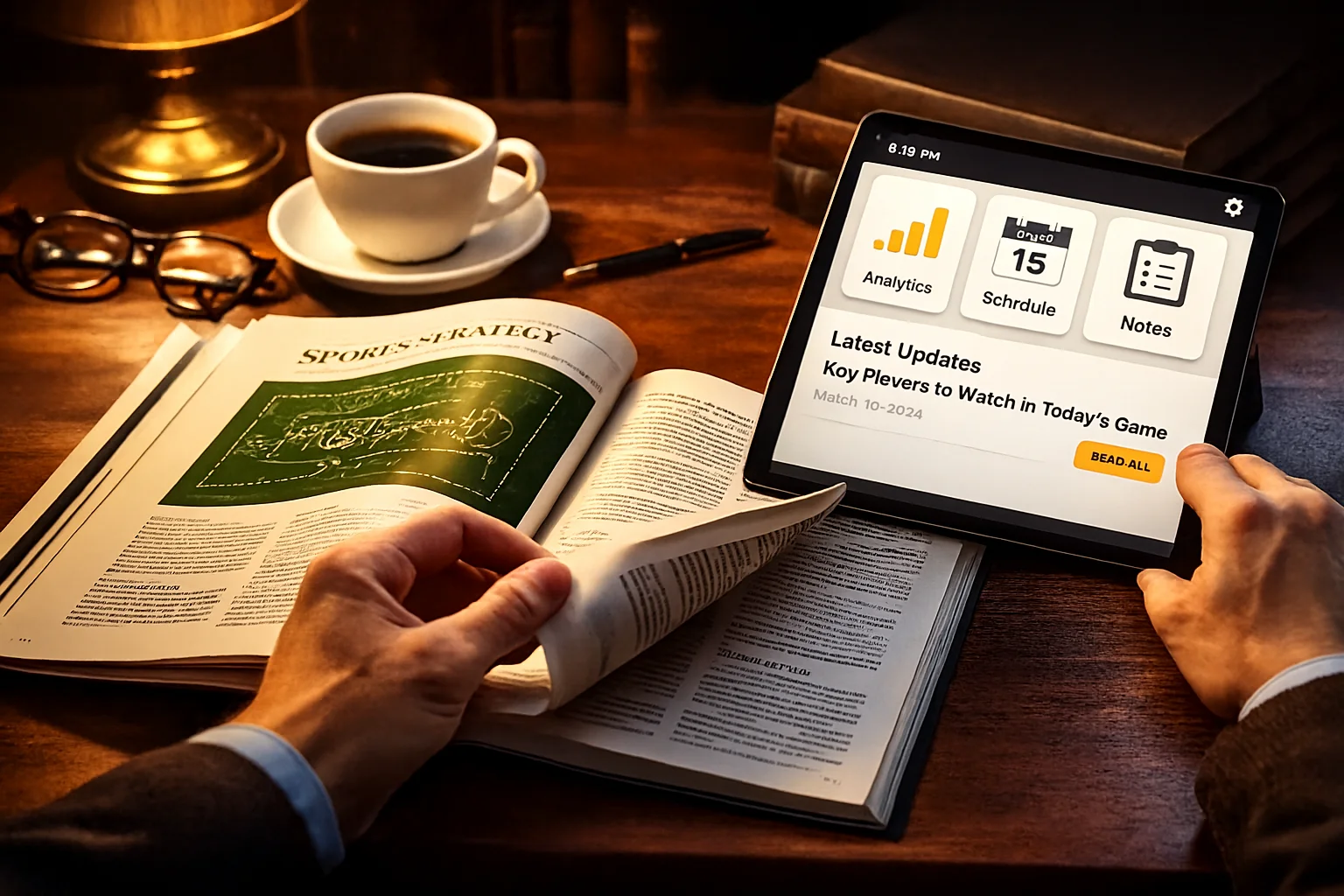 Livro sobre estratégia desportiva e tablet com notícias actuais representando aprendizagem contínua