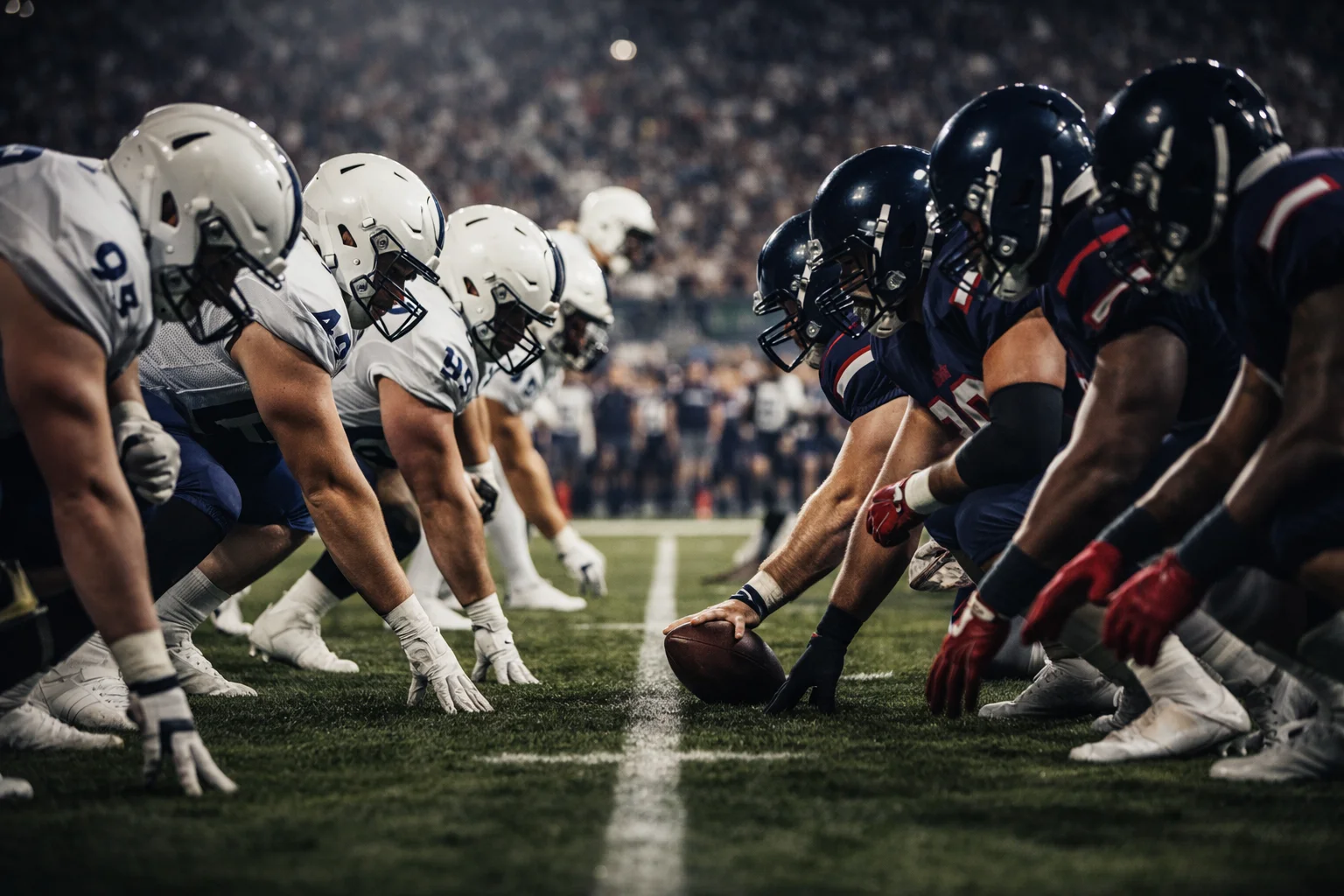 Jogadores da NFL em formação na linha de scrimmage demonstrando a estratégia tática do futebol americano
