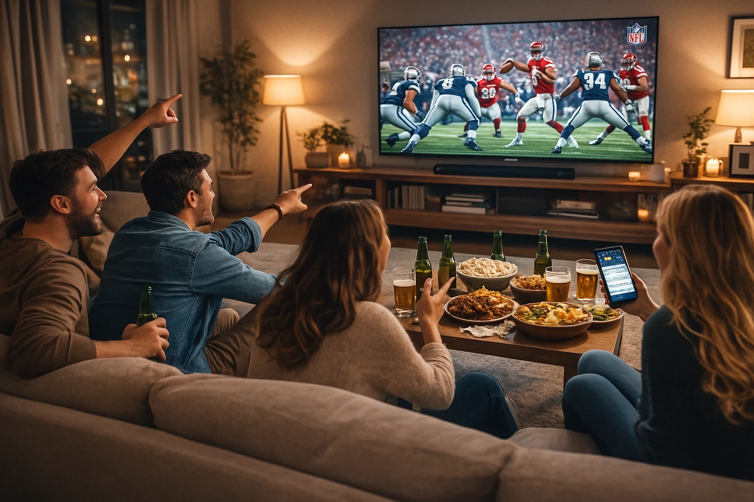 Grupo de amigos a assistir a um jogo da NFL na televisão e a acompanhar apostas ao vivo