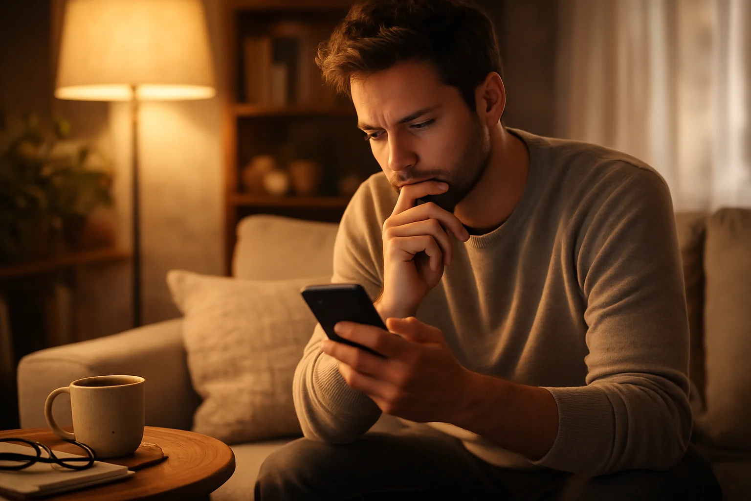Pessoa em momento de reflexão a analisar decisões de apostas no telemóvel