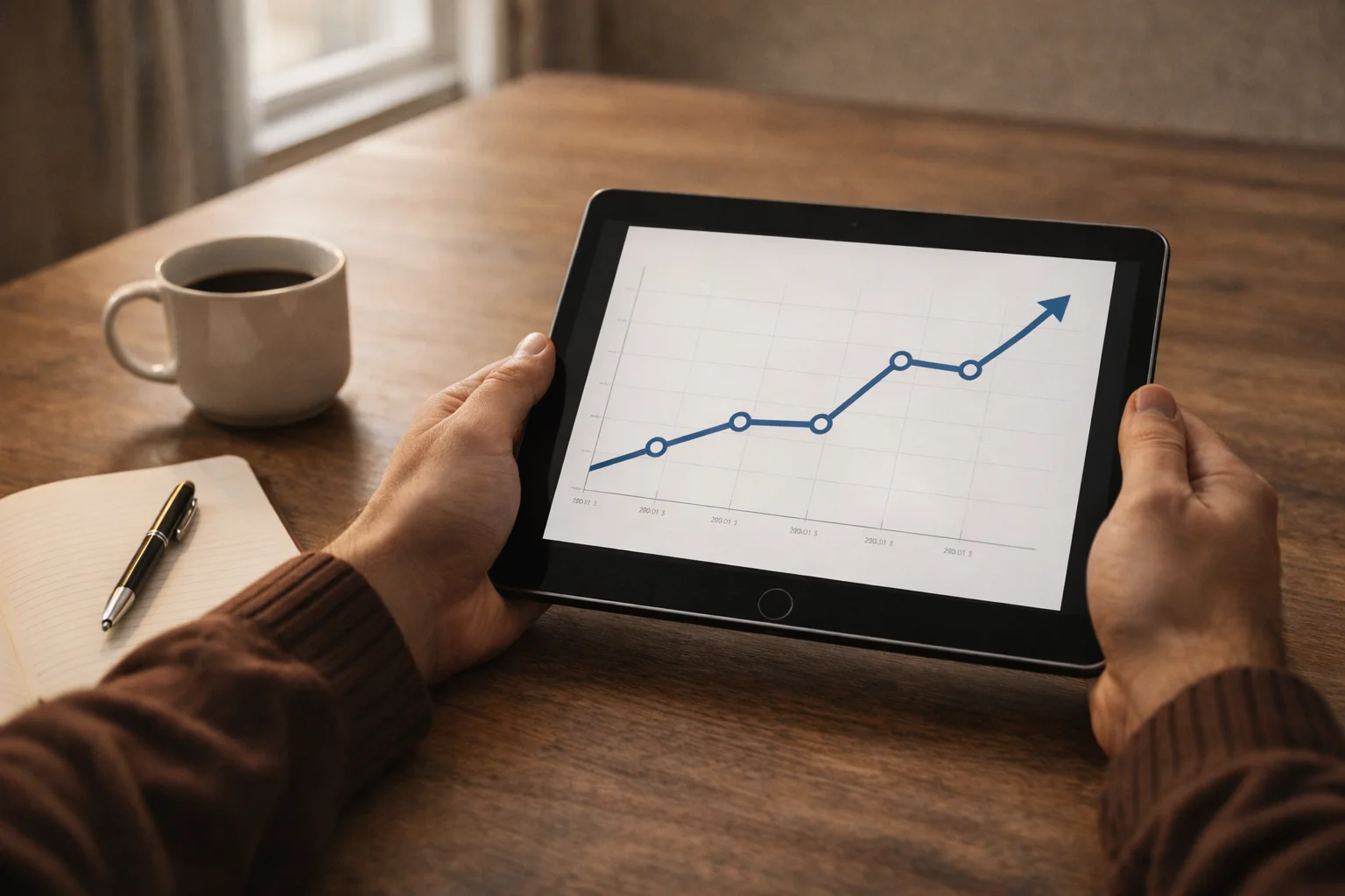 Tablet a mostrar gráfico de tendência ascendente representando identificação de valor nas apostas