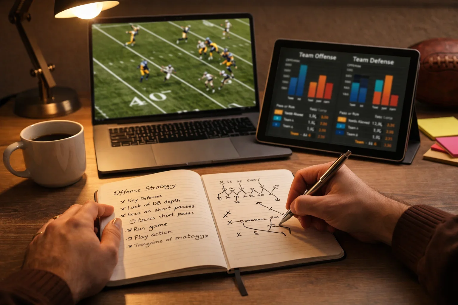 Espaço de trabalho organizado com portátil, tablet e notas para análise estratégica de apostas na NFL