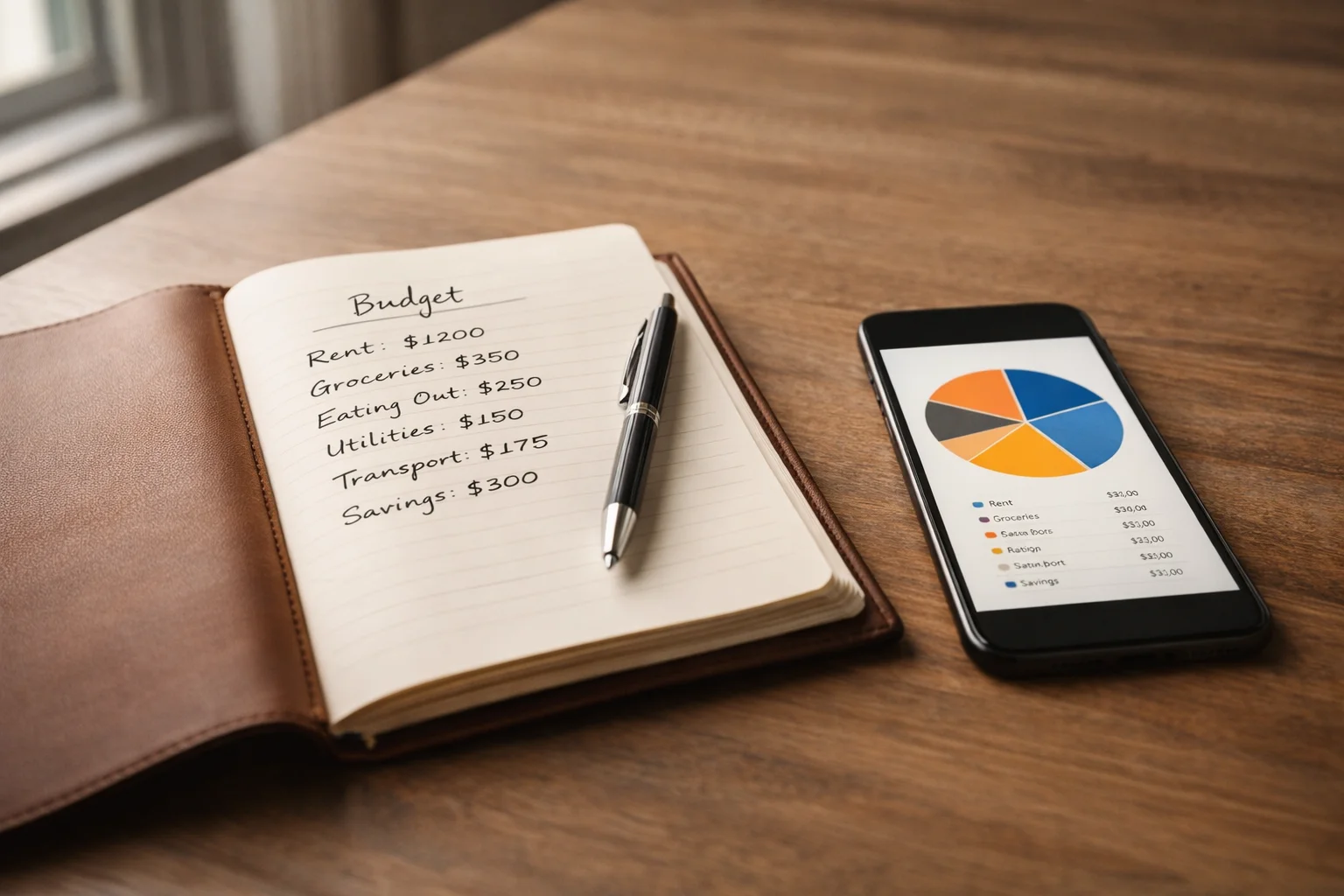 Caderno com planeamento financeiro e telemóvel com gráfico representando gestão disciplinada de banca