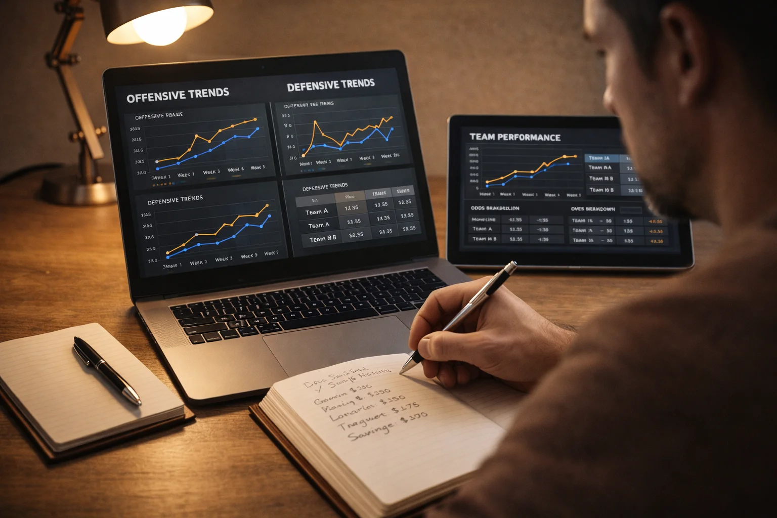 Pessoa a analisar movimentos de linhas e odds em portátil e tablet no escritório
