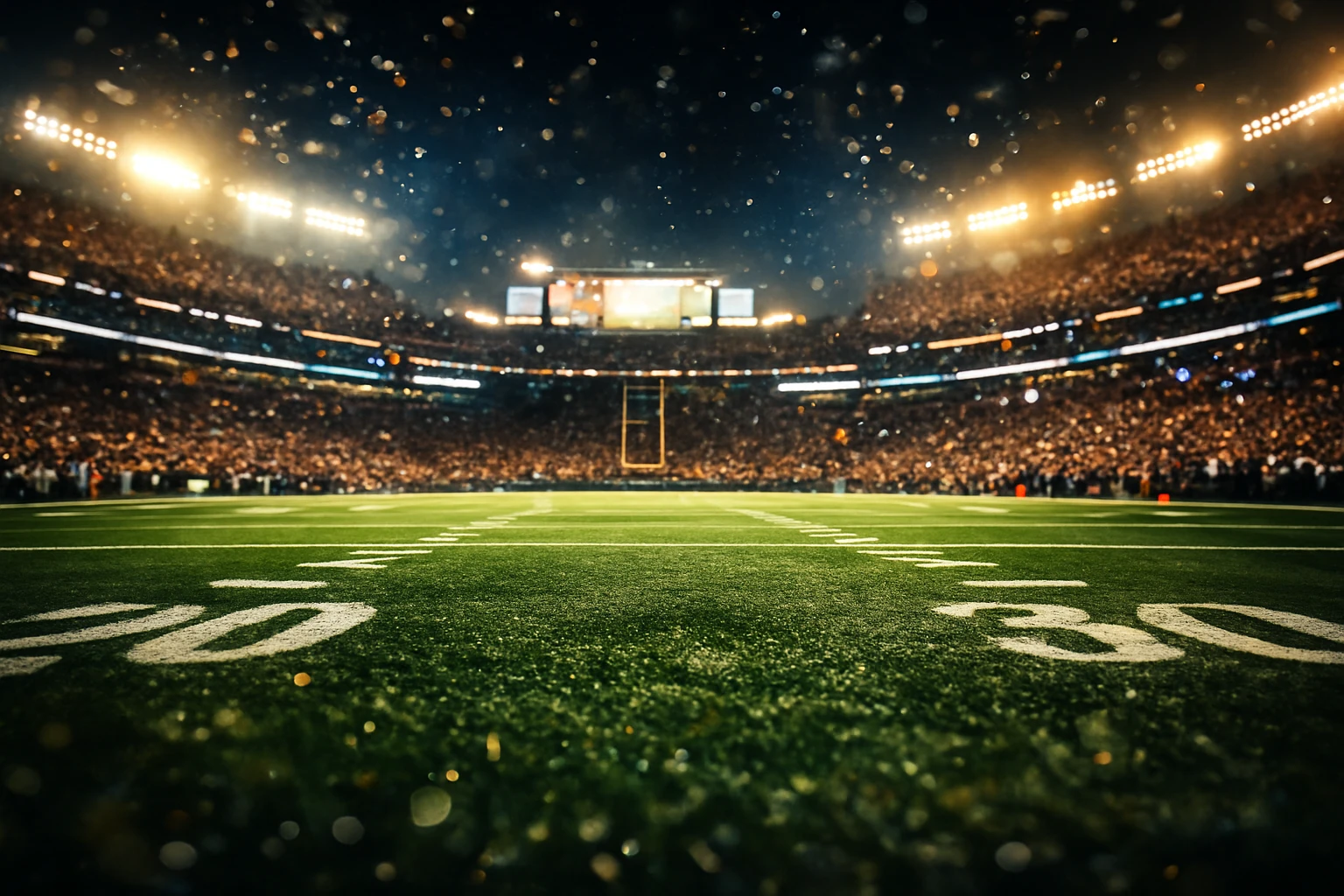 Estádio da NFL iluminado à noite com adeptos vibrantes e o relvado verde em destaque