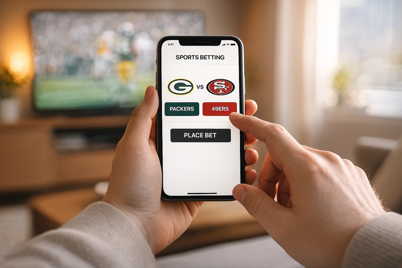 Pessoa a escolher uma equipa da NFL no telemóvel para aposta moneyline