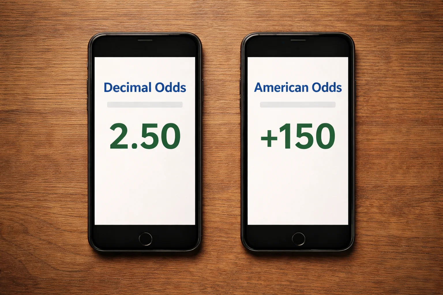 Dois telemóveis lado a lado mostrando odds em formato decimal e americano para comparação