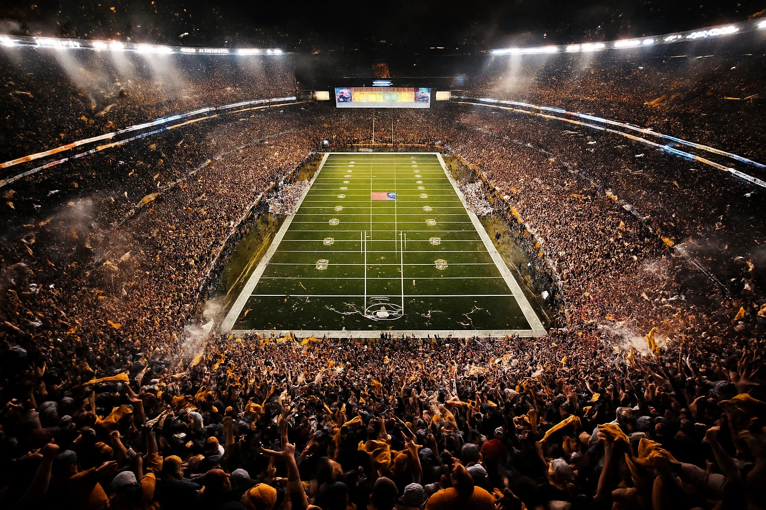 Estádio da NFL lotado durante os playoffs com adeptos vibrantes e atmosfera intensa de pós-temporada