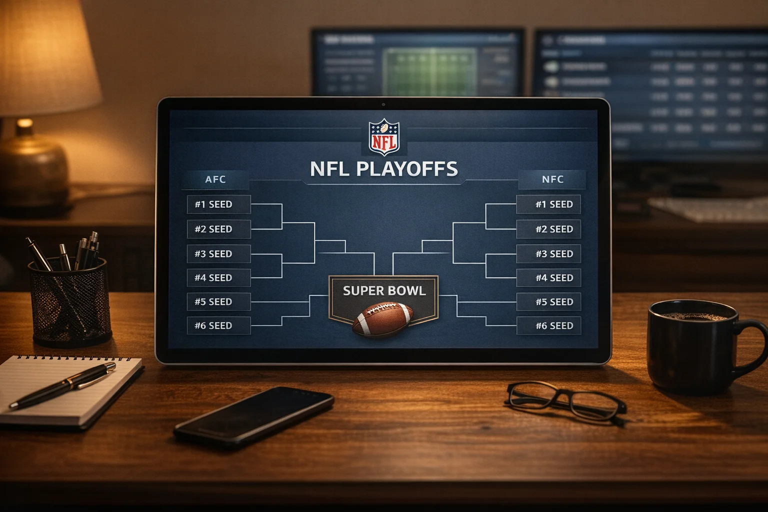 Tablet a mostrar estrutura do bracket dos playoffs da NFL numa sala de análise desportiva