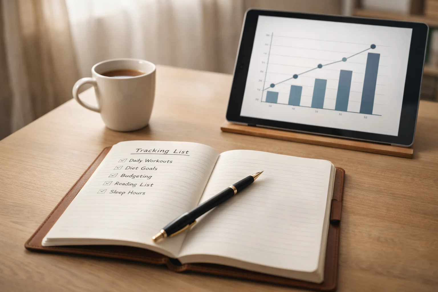 Bloco de notas com registos e tablet mostrando gráfico de progresso para gestão disciplinada de banca
