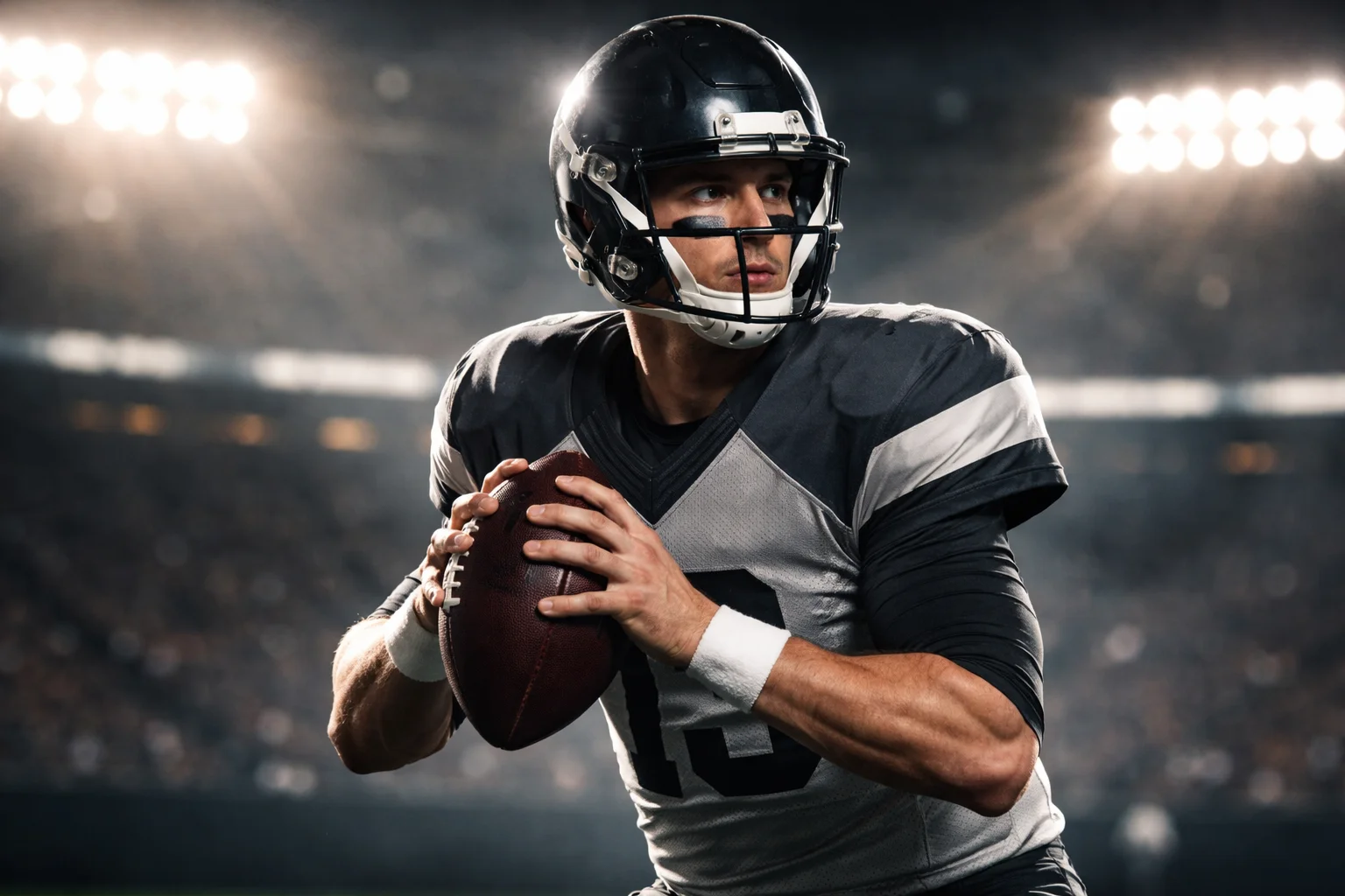 Quarterback da NFL focado e determinado durante momento crucial de um jogo de playoffs