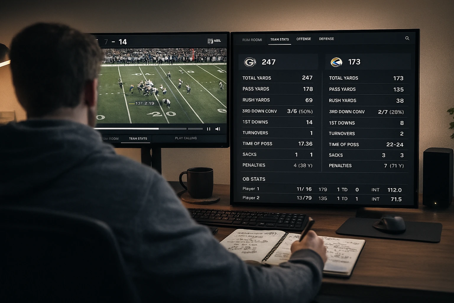 Apostador a analisar estatísticas e vídeos de jogos da NFL em monitores