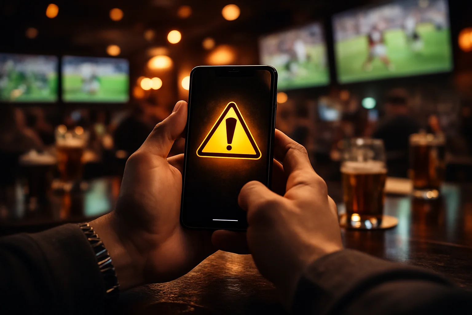 Telemóvel com símbolo de aviso representando cautela nas apostas do Super Bowl