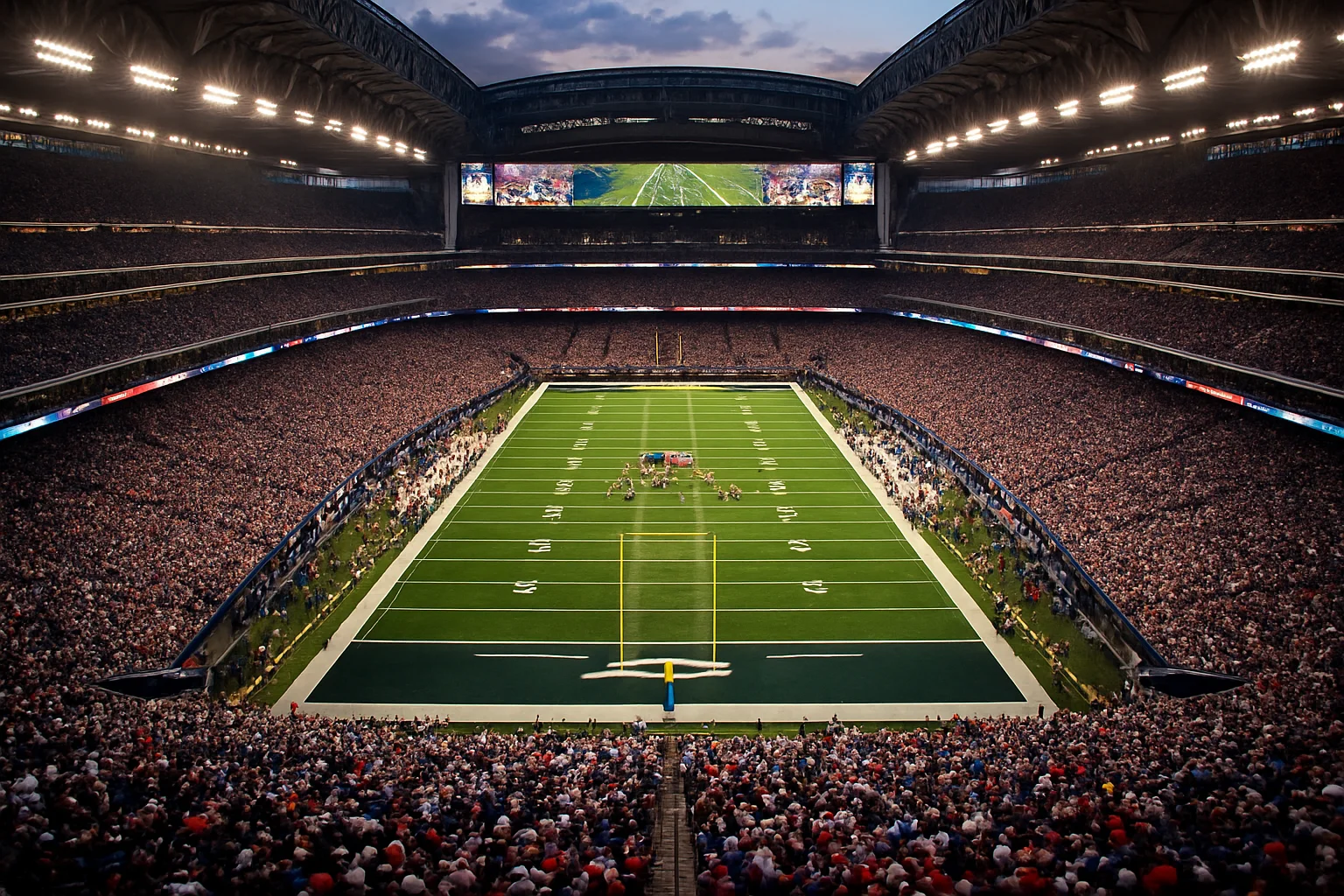Vista aérea de um estádio da NFL lotado durante o Super Bowl com o relvado iluminado