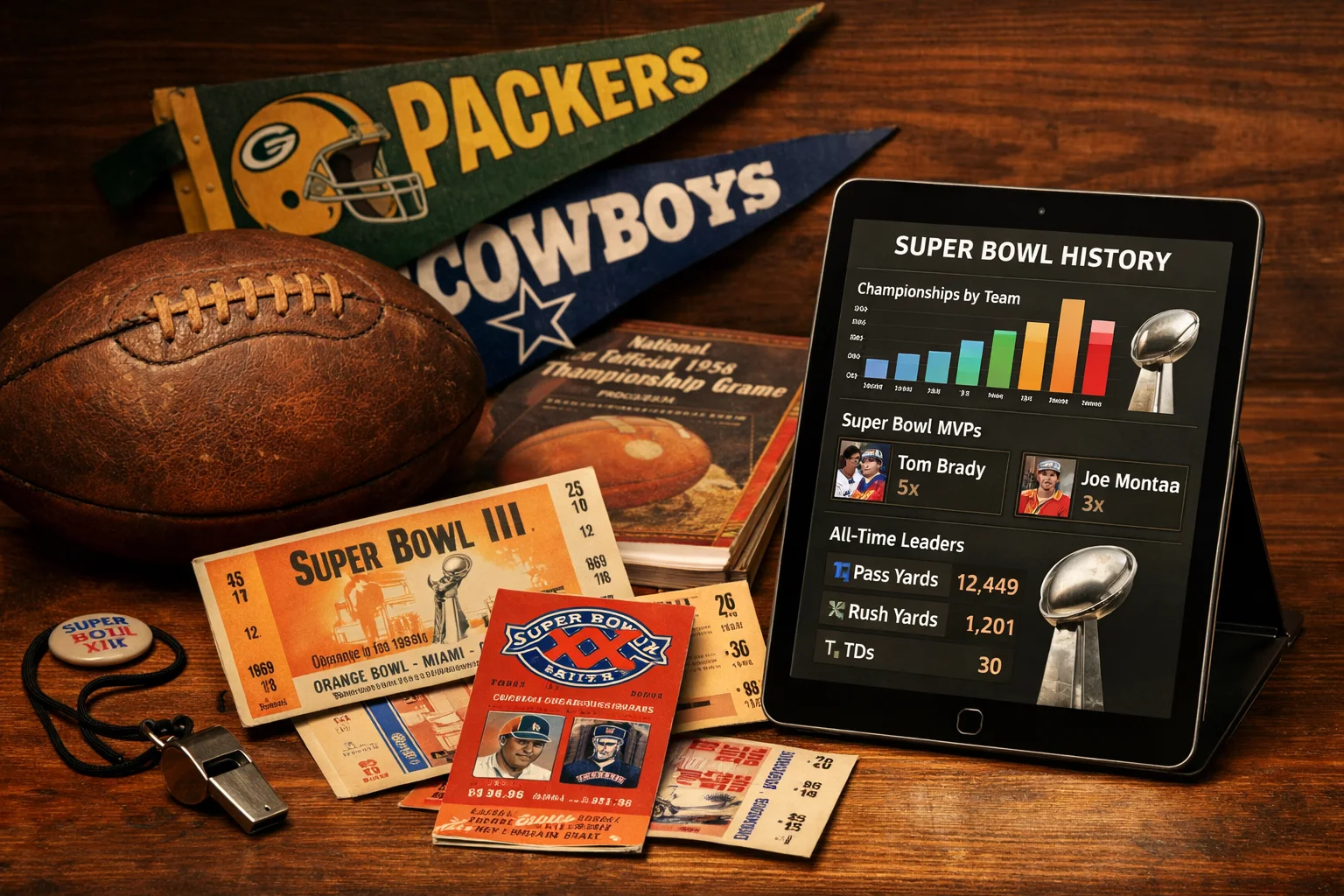 Memorabilia histórica do Super Bowl com bola de futebol americano vintage e tablet com estatísticas