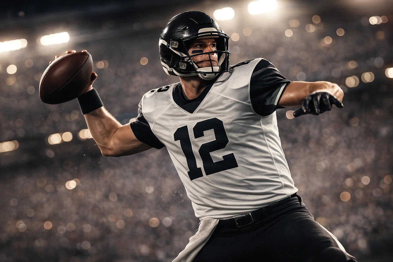 Quarterback da NFL em posição de lançamento durante um momento crucial do Super Bowl