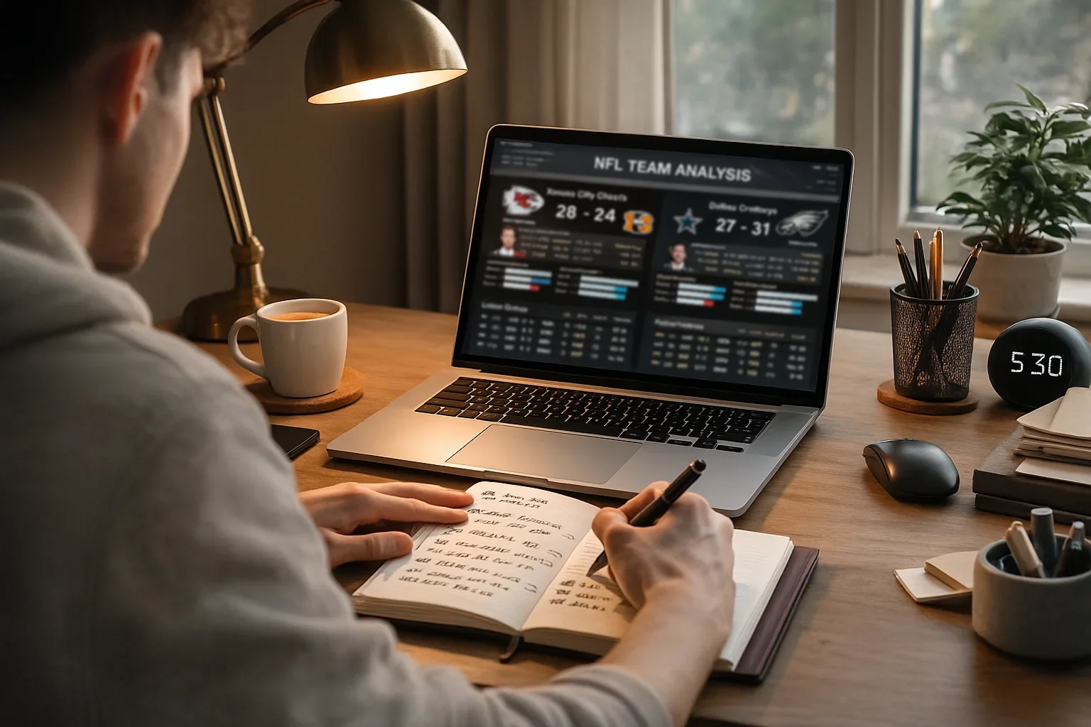 Pessoa a estudar análises e estatísticas da NFL num portátil antes do Super Bowl