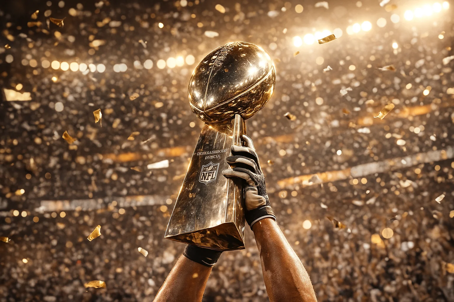 Troféu Vince Lombardi do Super Bowl erguido em celebração com confettis e luzes do estádio