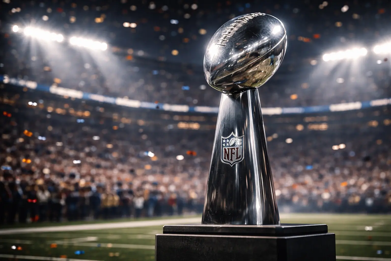 Troféu Vince Lombardi do Super Bowl em destaque com estádio em celebração e confettis ao fundo